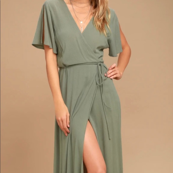 Lulus Much Obliged Washed Olive Green Wrap Maxi Dress in size Small - Picture 1 of 4